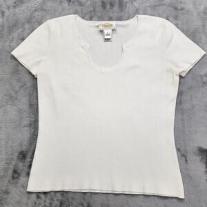 Vintage 90s Talbots Top Womens P Small PETITE White Notched Neck Short Sleeve
